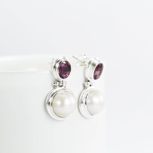 White mabe pearl earrings stud 925 sterling silver with natural pink tourmaline