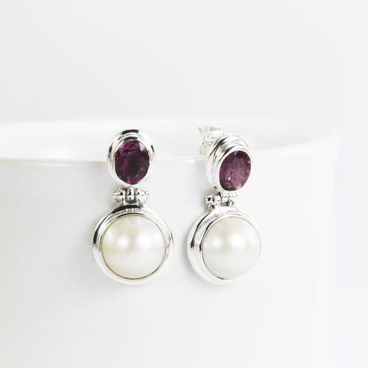 White mabe pearl earrings stud 925 sterling silver with natural pink tourmaline