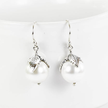 silver leaf earrings 925 sterling silver with genuine fresh water pearl, pearl earrings