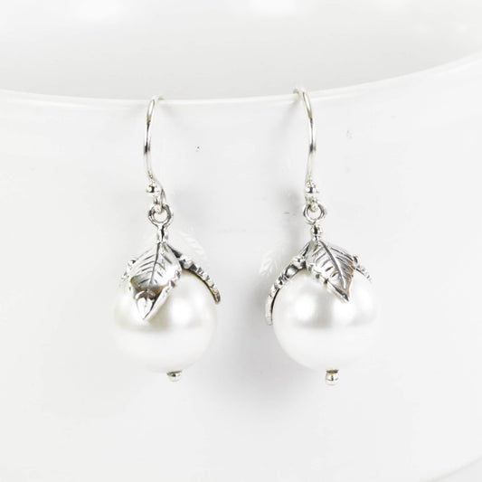 silver leaf earrings 925 sterling silver with genuine fresh water pearl, pearl earrings
