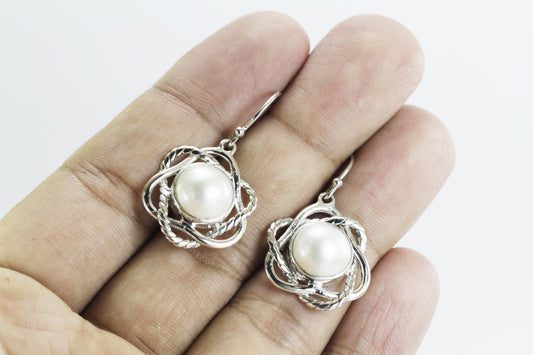 White mabe pearl earrings set in 925 sterling silver, 12 mm mabe pearl earrings
