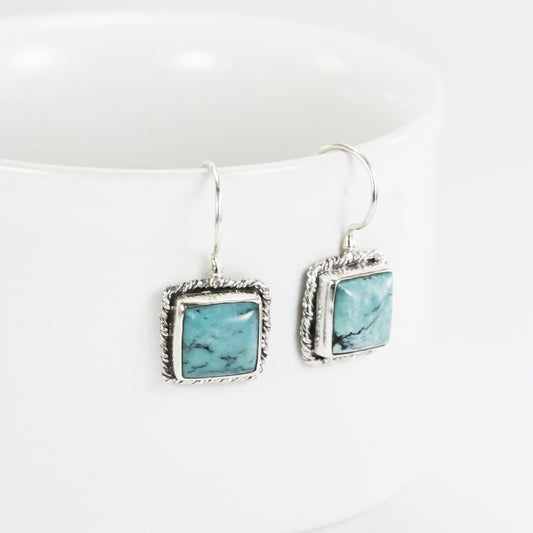 Square turquoise earrings 925 sterling silver decorated with rope edge