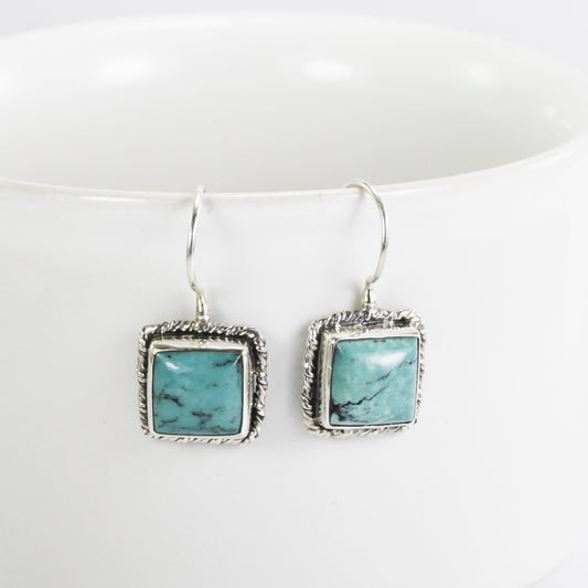 Square turquoise earrings 925 sterling silver decorated with rope edge