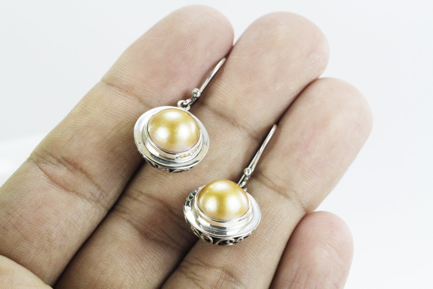 Gold pearl earrings 925 sterling silver, gold mabe pearl earrings dangle with filigree art