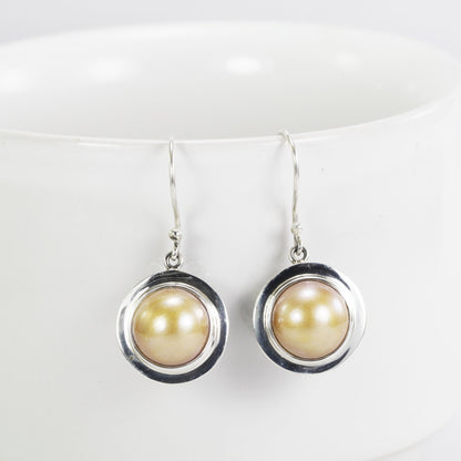 Gold pearl earrings 925 sterling silver, gold mabe pearl earrings dangle with filigree art