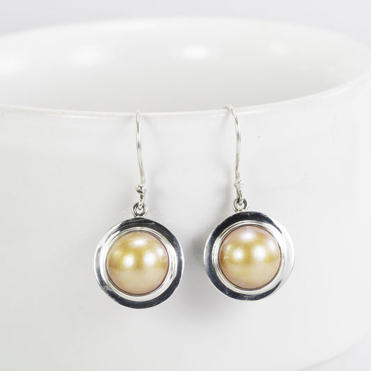Gold pearl earrings 925 sterling silver, gold mabe pearl earrings dangle with filigree art