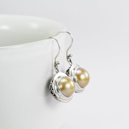 Gold pearl earrings 925 sterling silver, gold mabe pearl earrings dangle with filigree art