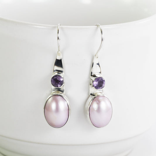 Pink pearl earrings with amethyst set in 925 sterling silver, pink mabe earrings, amethyst