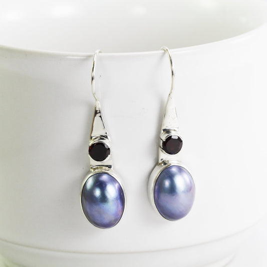 Pink pearl earrings with amethyst set in 925 sterling silver, pink mabe earrings, amethyst