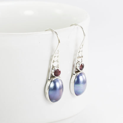 blue pearl earrings with genuine pink tourmaline set in 925 sterling silver, blue mabe pearl earrings