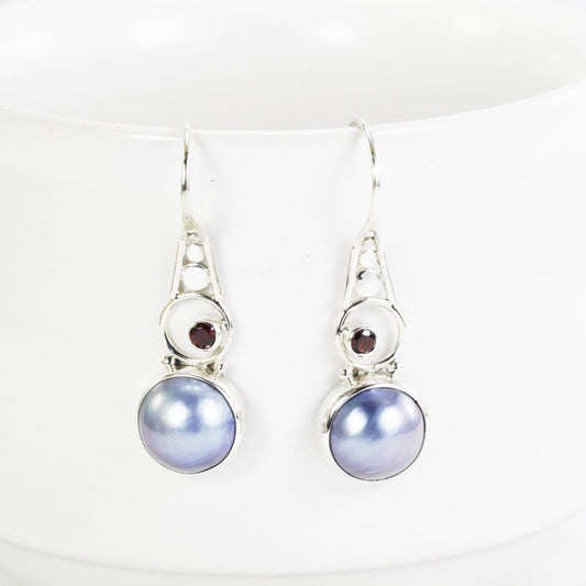 Blue mabe pearl earrings with garnet set in 925 sterling silver decorated with dot style