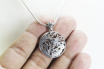 Dragonfly necklace pendant 925 sterling silver with open work filigree, round silver pendant