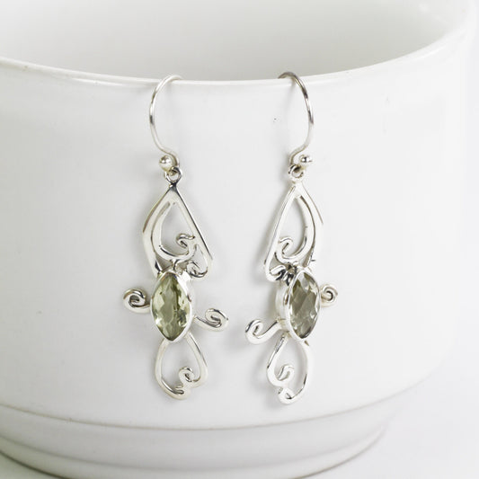 Lemon quarts earrings dangle set in 925 sterling silver decorated with elegant swirl filigree