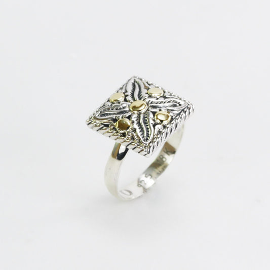 Square ring 925 sterling silver decorated with floral filigree and 18K real gold,
