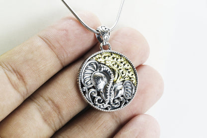 Elephant pendant necklace 925 sterling silver combined with 18K real gold, medallion pendant with animal art