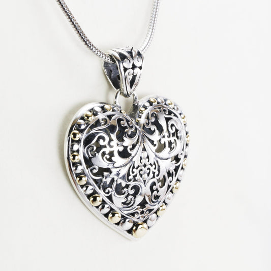 Heart pendant necklace 925 sterling silver decorated with open work royal filigree and 18K gold accent
