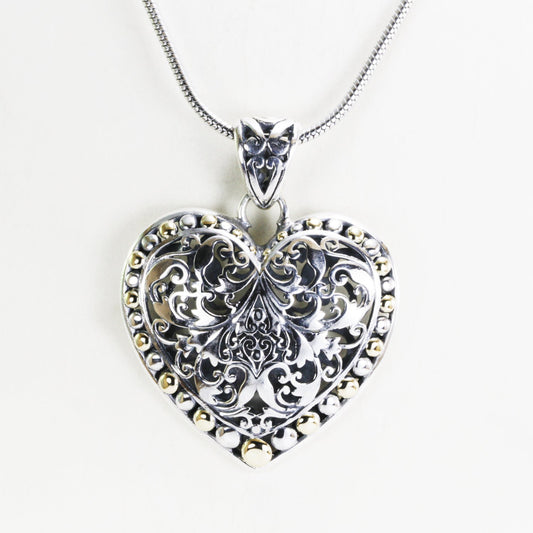 Heart pendant necklace 925 sterling silver decorated with open work royal filigree and 18K gold accent