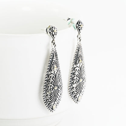 filigree earrings dangle 925 sterling silver decorated with open work carving and 18K yellow gold