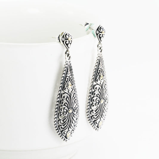 filigree earrings dangle 925 sterling silver decorated with open work carving and 18K yellow gold