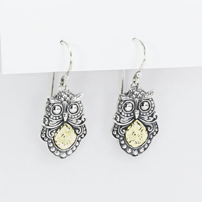 Owl earrings 925 sterling silver combined with real gold 18K dangle drop