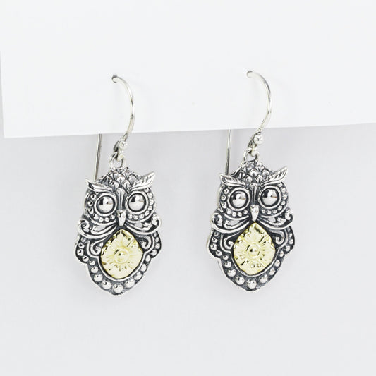 Owl earrings 925 sterling silver combined with real gold 18K dangle drop