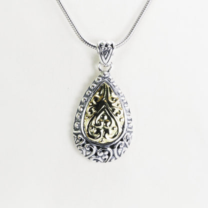 Teardrop pendant necklace real 18K gold on 925 sterling silver , two tone pendant