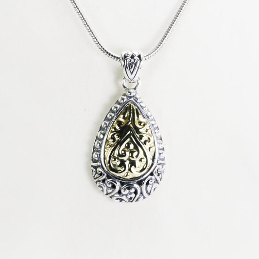 Teardrop pendant necklace real 18K gold on 925 sterling silver , two tone pendant