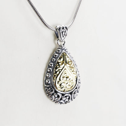 Teardrop pendant necklace real 18K gold on 925 sterling silver , two tone pendant