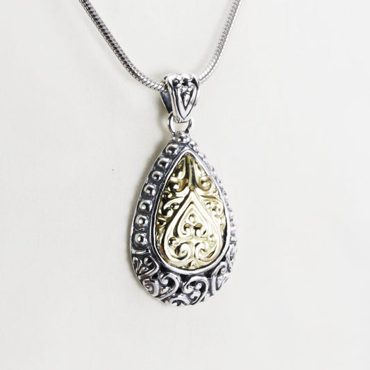 Teardrop pendant necklace real 18K gold on 925 sterling silver , two tone pendant
