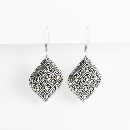 filigree earrings dangle 925 sterling silver decorated with Dragon skin art and 18K yellow gold franch lock