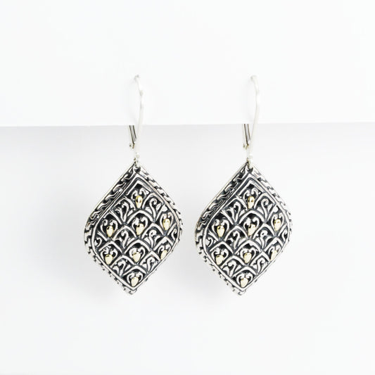 filigree earrings dangle 925 sterling silver decorated with Dragon skin art and 18K yellow gold franch lock