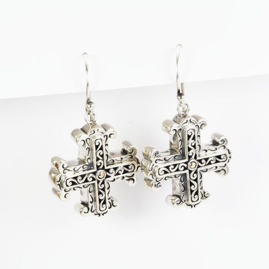 Maltese Cross earrings dangle 925 sterling silver with real diamond and 18K gold decorated with filigree art