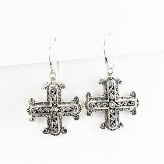 Maltese Cross earrings dangle 925 sterling silver with real diamond and 18K gold decorated with filigree art