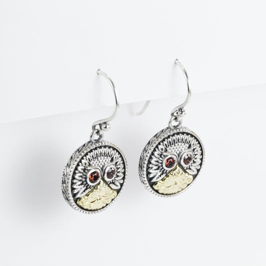Owl bird earrings 925 sterling silver combined with real gold 18K dangle drop