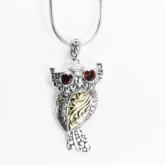 Owl Bird Pendant necklace 18K yellow gold in 925 sterling silver dangle with genuine red garnet on the eyes