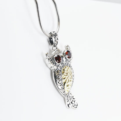 Owl Bird Pendant necklace 18K yellow gold in 925 sterling silver dangle with genuine red garnet on the eyes