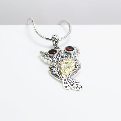 Owl Bird Pendant necklace 18K yellow gold in 925 sterling silver dangle with genuine red garnet on the eyes