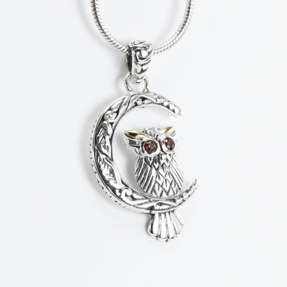 Owl pendant necklace 925 sterling silver decorated with red garnet and 18k Gold