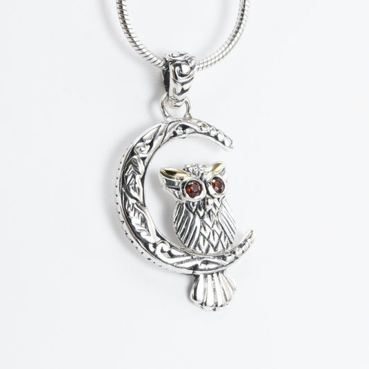 Owl pendant necklace 925 sterling silver decorated with red garnet and 18k Gold