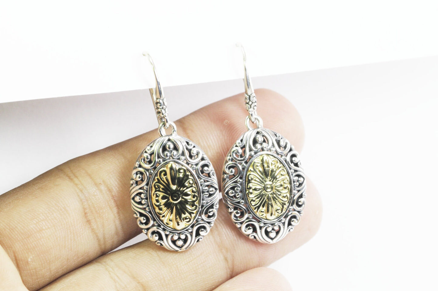 antique Two tone earrings with 18K yellow gold combined with 925 sterling silver, oval earrings dangle