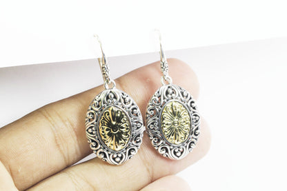 antique Two tone earrings with 18K yellow gold combined with 925 sterling silver, oval earrings dangle