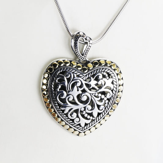 Heart shape pendant necklace 925 sterling silver decorated with open work royal filigree and 18K gold accent