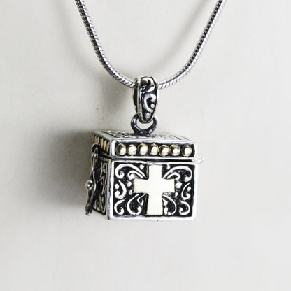 locket pendant necklace 925 sterling silver with cross and royal filigree art 18k yellow gold accent