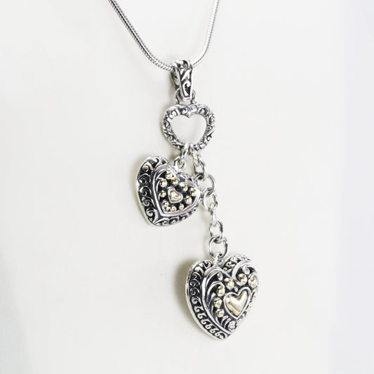 Heart shape pendant necklace 925 sterling silver 2 pcs dangle decorated with open work royal filigree and 18K gold accent