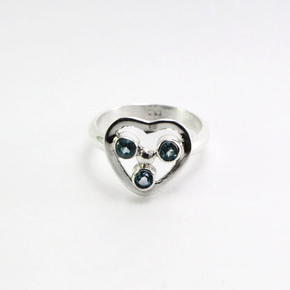 three stones ring heart shape 925 sterling silver blue topaz ring