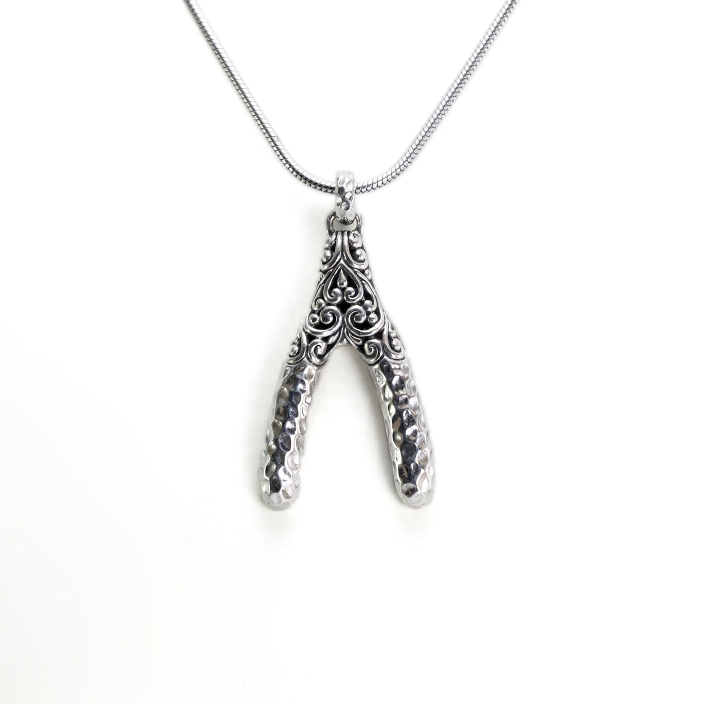 wishbone pendant necklace 925 sterling silver decorated with swirl filigree and hammer finishing