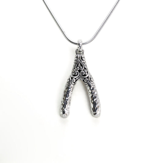 wishbone pendant necklace 925 sterling silver decorated with swirl filigree and hammer finishing