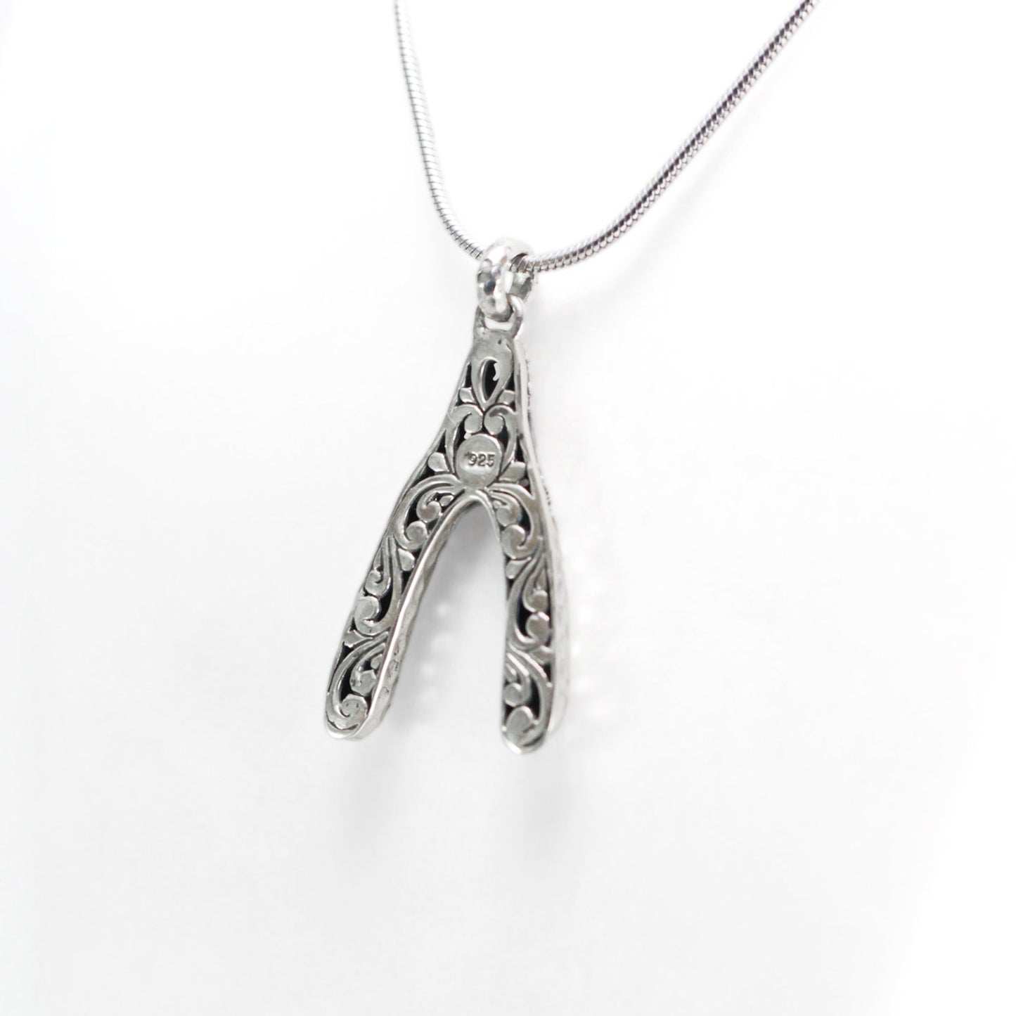 wishbone pendant necklace 925 sterling silver decorated with swirl filigree and hammer finishing