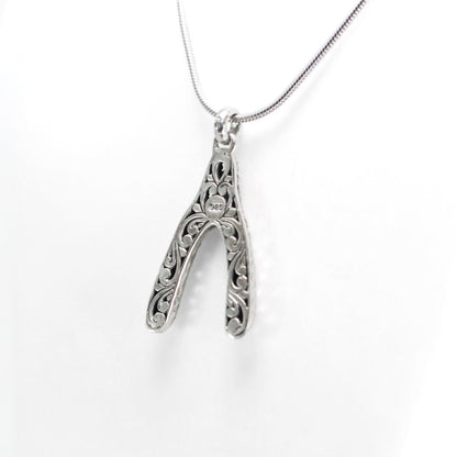 wishbone pendant necklace 925 sterling silver decorated with swirl filigree and hammer finishing