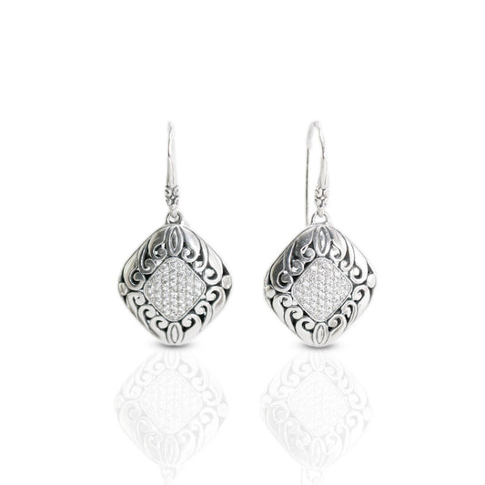 square earrings dangle drop 925 sterling silver decorated with white crystal and open work filigree